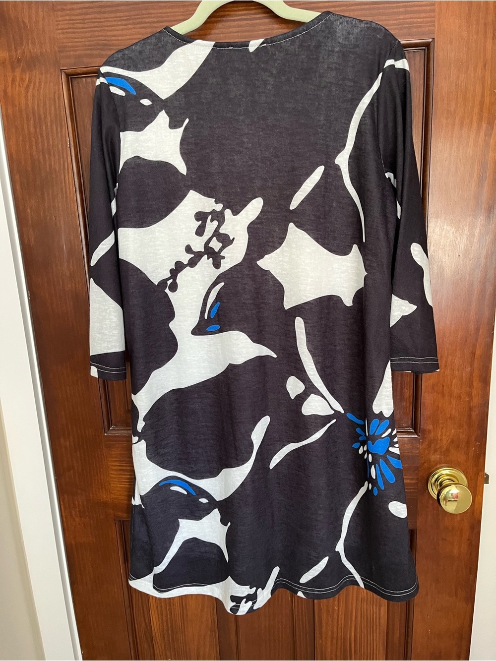 SHANA Black & White Floral Long-Sleeve Dress with Blue Accents